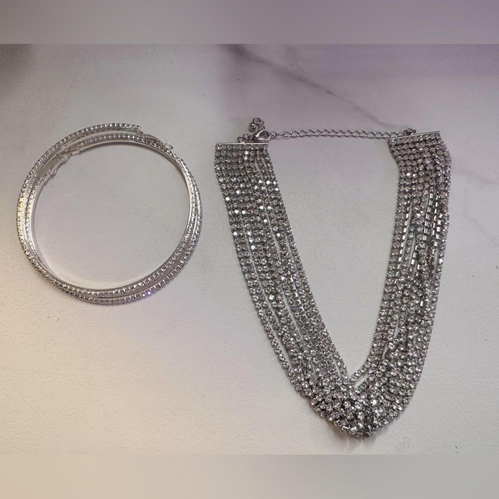 Faux Diamond choker necklace with matching faux diamond hoop earrings